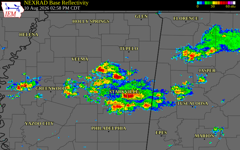 NEXRAD radar during the Monday, August 10, 2026 storm activity in Chickasaw County, Mississippi