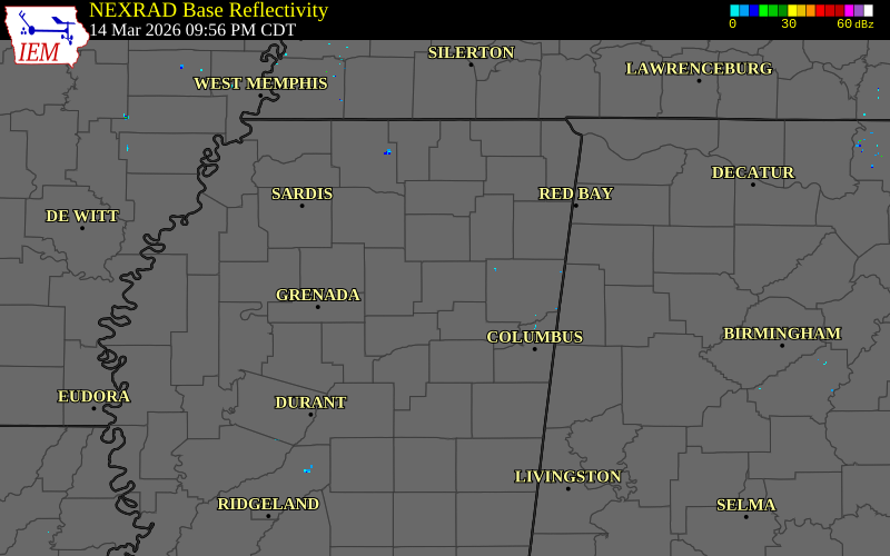 Radar snapshot during the Jul 3, 2026 wind event near Chickasaw County, Chickasaw County, Mississippi, with NWS warning polygons