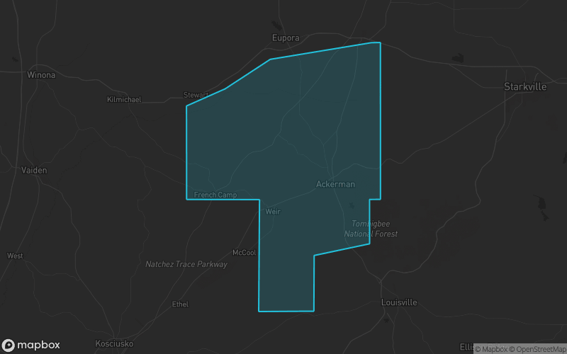 Map of Choctaw County, Mississippi showing the county boundary and surrounding cities