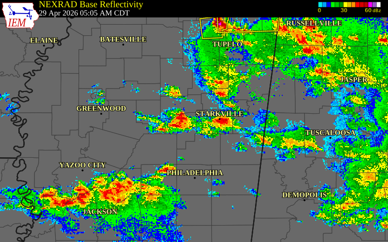 NEXRAD radar during the Wednesday, April 29, 2026 storm activity in Choctaw County, Mississippi