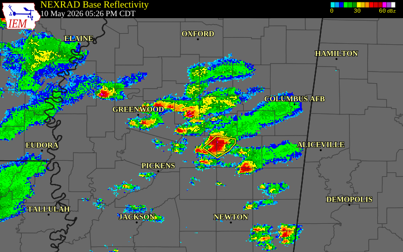 NEXRAD radar during the Sunday, May 10, 2026 storm activity in Choctaw County, Mississippi