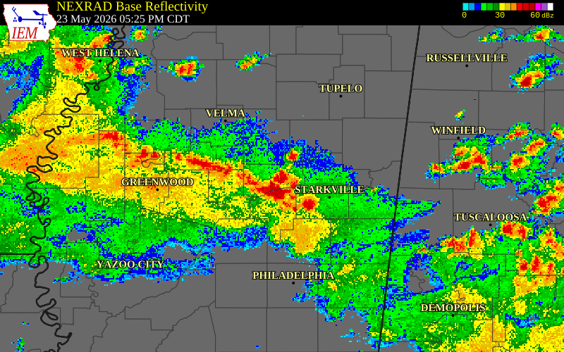 NEXRAD radar during the Saturday, May 23, 2026 storm activity in Choctaw County, Mississippi