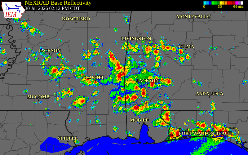 Radar snapshot during the Jul 30, 2026 wind event near Choctaw County, Choctaw County, Mississippi, with NWS warning polygons