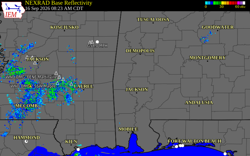 Current NEXRAD radar over Choctaw County, Mississippi with recent storm report locations