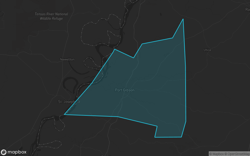 Map of Claiborne County, Mississippi showing the county boundary and surrounding cities