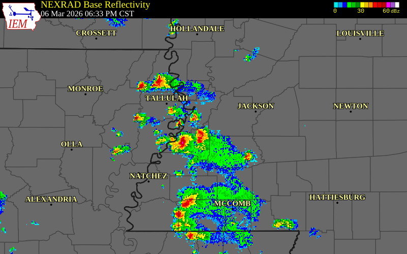 NEXRAD radar during the Friday, March 6, 2026 storm activity in Claiborne County, Mississippi