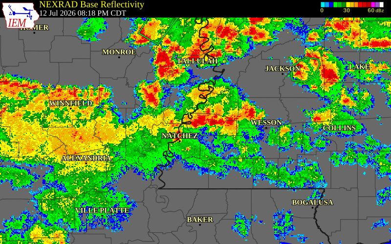 NEXRAD radar during the Sunday, July 12, 2026 storm activity in Claiborne County, Mississippi