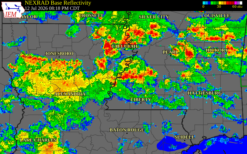 Radar snapshot during the Jul 12, 2026 wind event near Claiborne County, Claiborne County, Mississippi, with NWS warning polygons