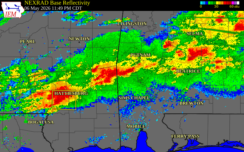 NEXRAD radar during the Wednesday, May 6, 2026 storm activity in Clarke County, Mississippi