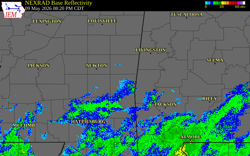NEXRAD radar during the Saturday, May 9, 2026 storm activity in Clarke County, Mississippi