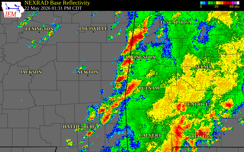 NEXRAD radar during the Friday, May 22, 2026 storm activity in Clarke County, Mississippi