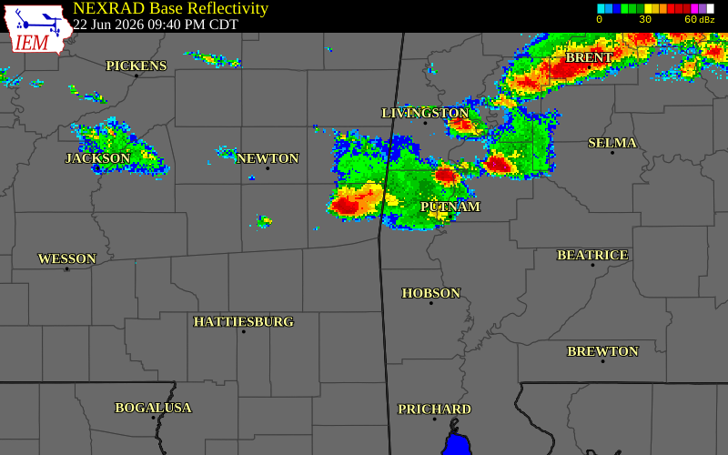 NEXRAD radar during the Monday, June 22, 2026 storm activity in Clarke County, Mississippi