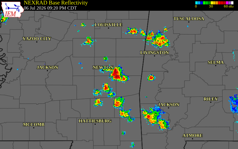 NEXRAD radar during the Monday, July 6, 2026 storm activity in Clarke County, Mississippi