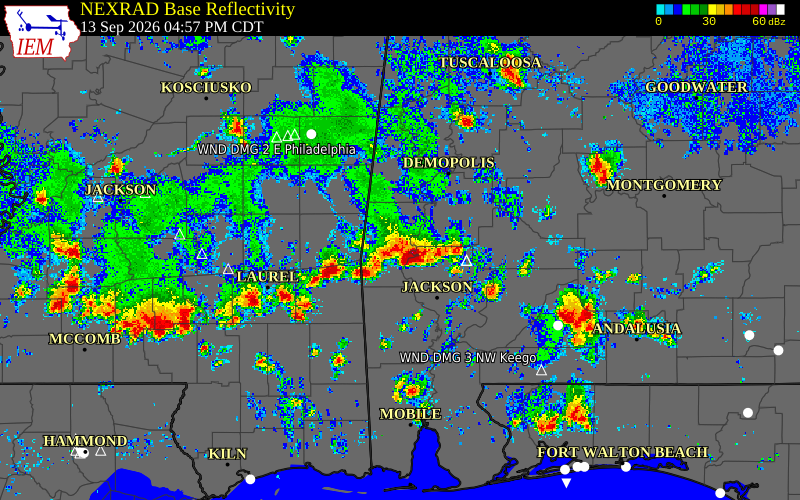 Current NEXRAD radar over Clarke County, Mississippi with recent storm report locations
