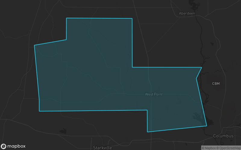 Map of Clay County, Mississippi showing the county boundary and surrounding cities