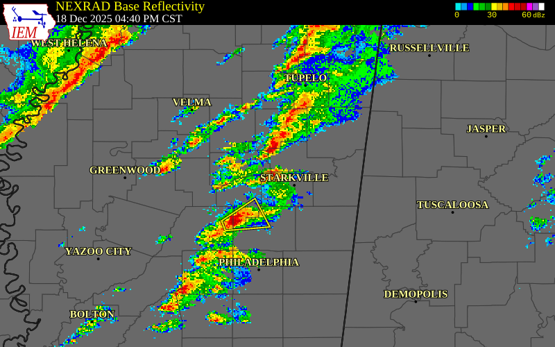 NEXRAD radar during the Thursday, December 18, 2025 storm activity in Clay County, Mississippi