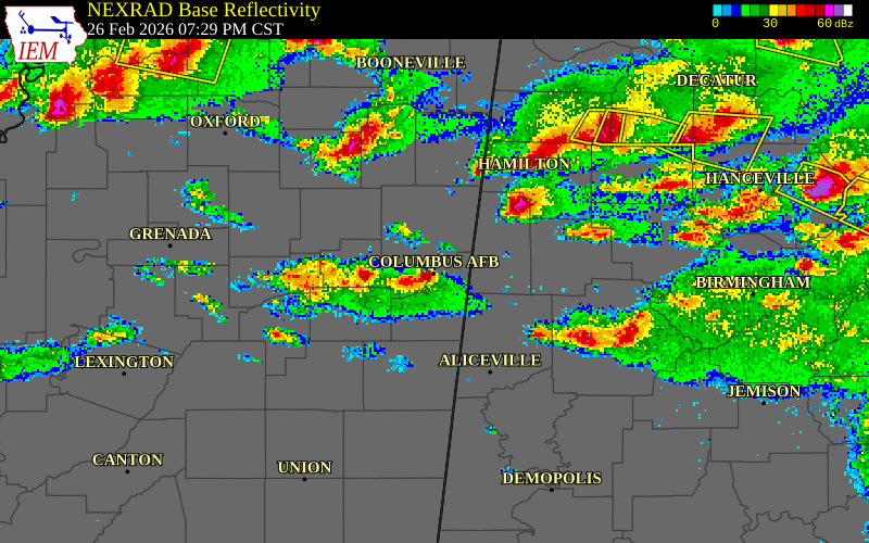 NEXRAD radar during the Thursday, February 26, 2026 storm activity in Clay County, Mississippi