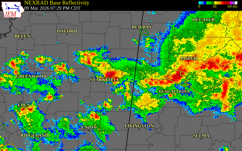 NEXRAD radar during the Monday, March 9, 2026 storm activity in Clay County, Mississippi