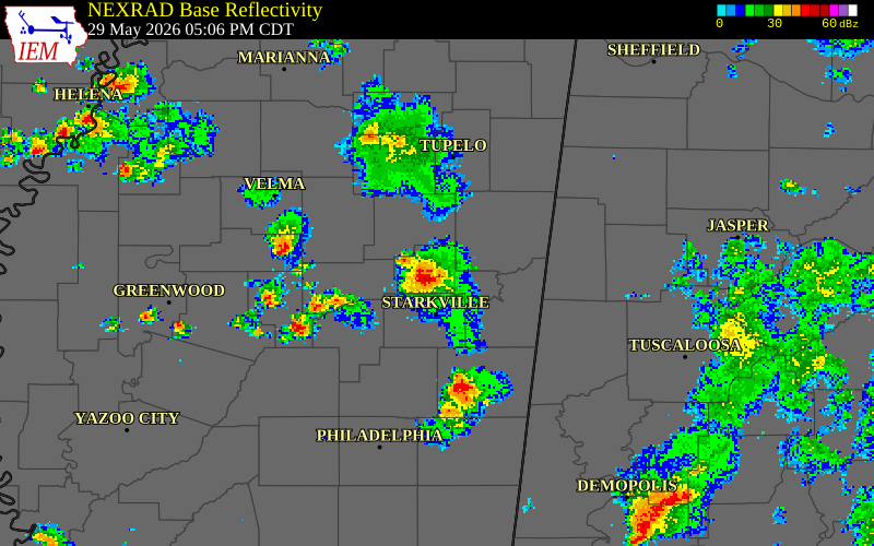 NEXRAD radar during the Friday, May 29, 2026 storm activity in Clay County, Mississippi