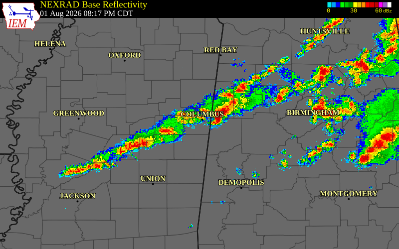 Radar snapshot during the Aug 1, 2026 wind event near Clay County, Clay County, Mississippi, with NWS warning polygons