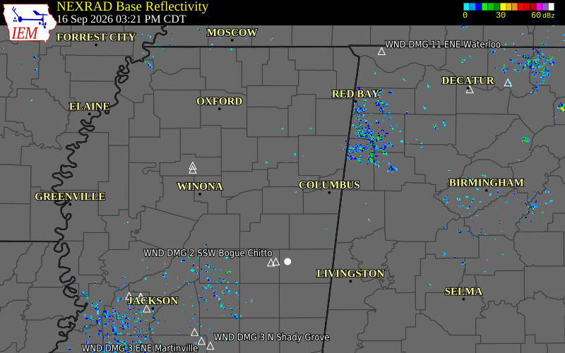 Current NEXRAD radar over Clay County, Mississippi with recent storm report locations