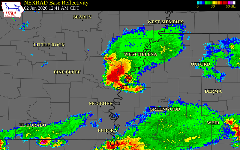 NEXRAD radar during the Tuesday, June 2, 2026 storm activity in Coahoma County, Mississippi