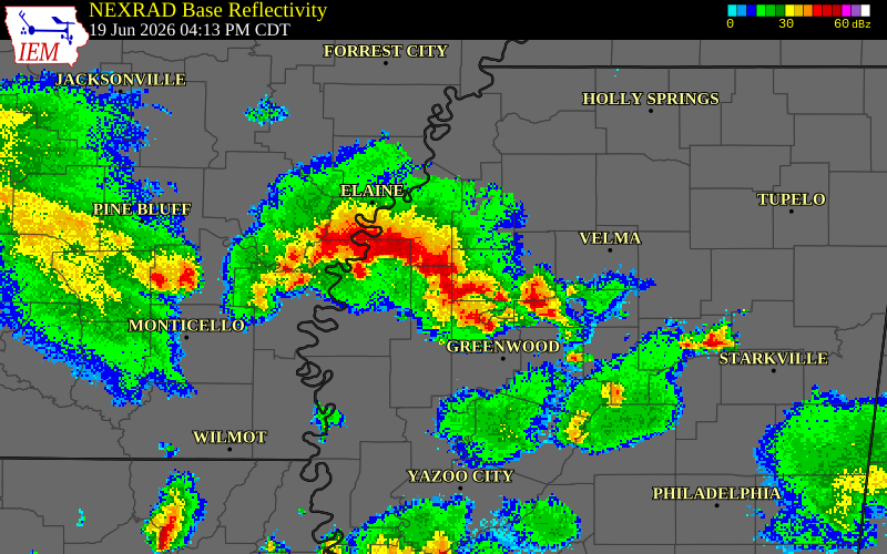 NEXRAD radar during the Friday, June 19, 2026 storm activity in Coahoma County, Mississippi