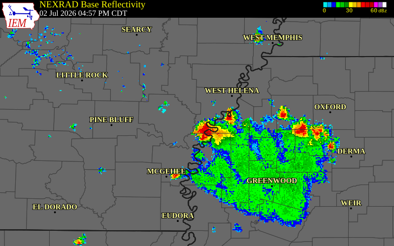 NEXRAD radar during the Thursday, July 2, 2026 storm activity in Coahoma County, Mississippi