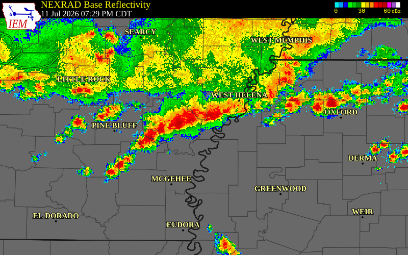NEXRAD radar during the Saturday, July 11, 2026 storm activity in Coahoma County, Mississippi