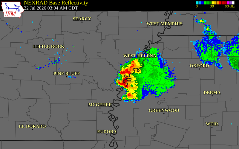 NEXRAD radar during the Wednesday, July 22, 2026 storm activity in Coahoma County, Mississippi