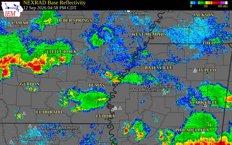 Current NEXRAD radar over Coahoma County, Mississippi with recent storm report locations