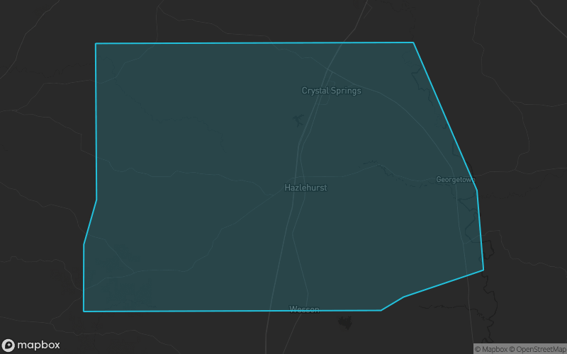 Map of Copiah County, Mississippi showing the county boundary and surrounding cities