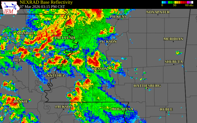 NEXRAD radar during the Saturday, March 7, 2026 storm activity in Copiah County, Mississippi