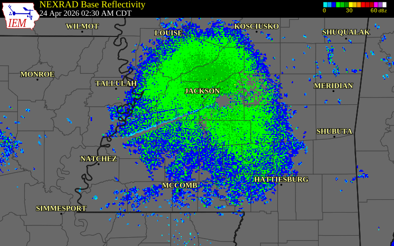NEXRAD radar during the Friday, April 24, 2026 storm activity in Copiah County, Mississippi
