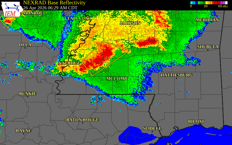 NEXRAD radar during the Sunday, April 26, 2026 storm activity in Copiah County, Mississippi
