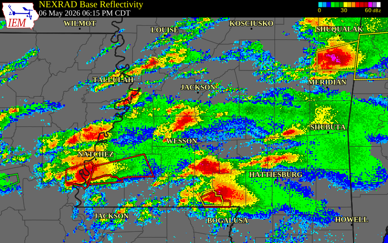 NEXRAD radar during the Wednesday, May 6, 2026 storm activity in Copiah County, Mississippi