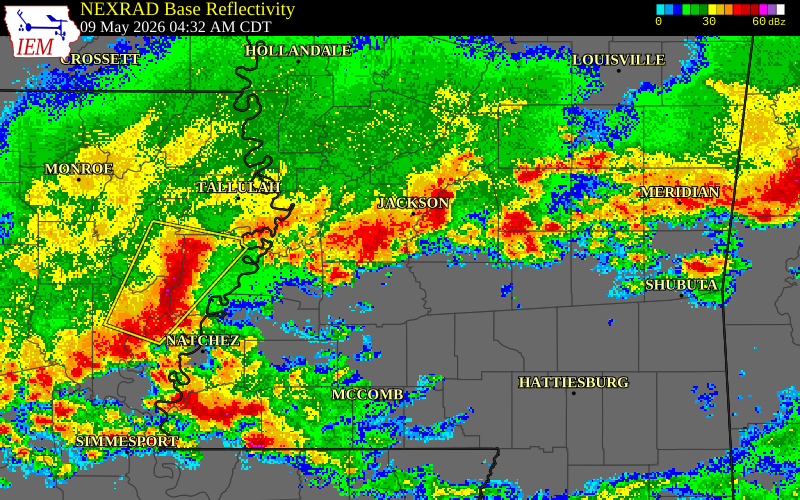 NEXRAD radar during the Saturday, May 9, 2026 storm activity in Copiah County, Mississippi