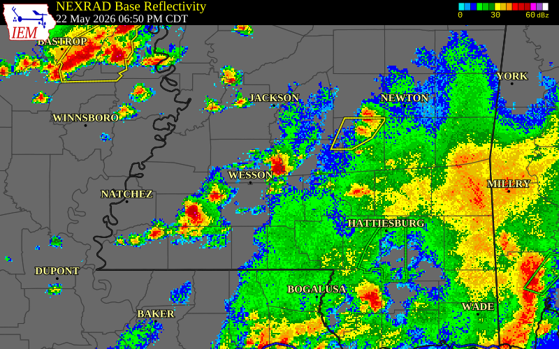 NEXRAD radar during the Friday, May 22, 2026 storm activity in Copiah County, Mississippi