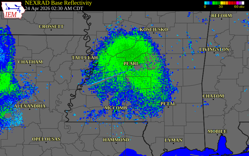 Radar snapshot during the Apr 24, 2026 tornado event near 5 ENE Crystal Springs, Copiah County, Mississippi, with NWS warning polygons
