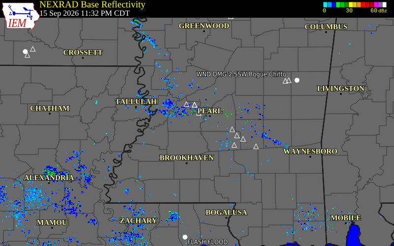 Current NEXRAD radar over Copiah County, Mississippi with recent storm report locations