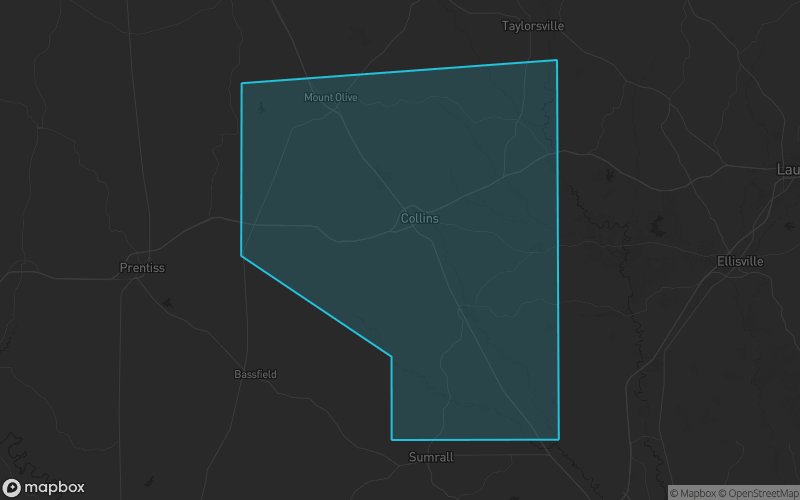 Map of Covington County, Mississippi showing the county boundary and surrounding cities