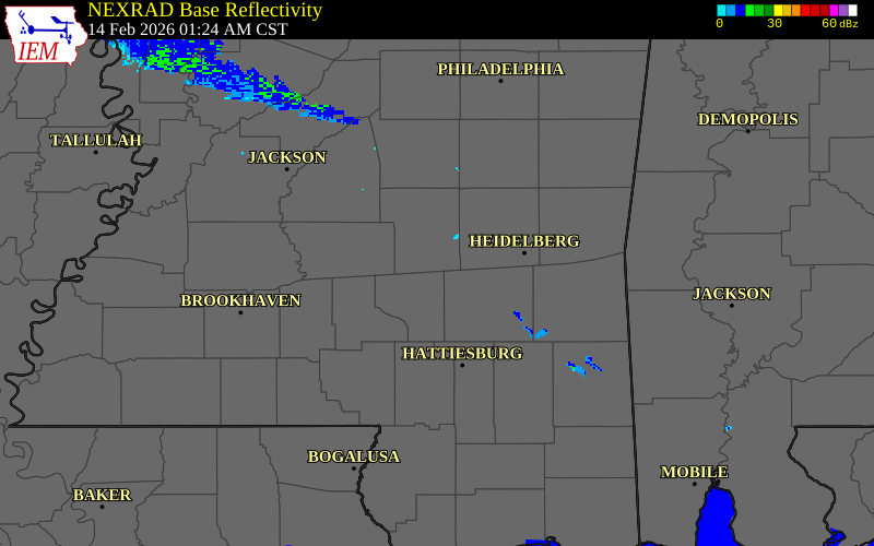 NEXRAD radar during the Saturday, February 14, 2026 storm activity in Covington County, Mississippi
