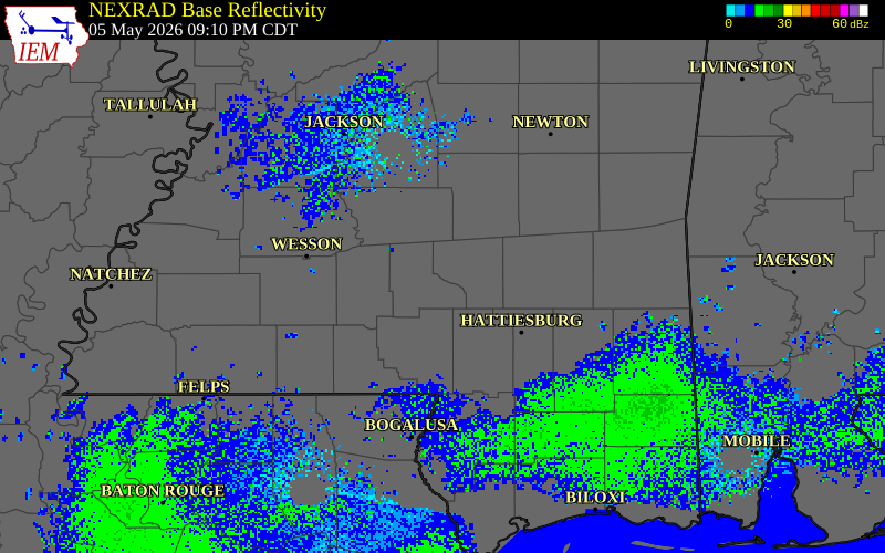 NEXRAD radar during the Tuesday, May 5, 2026 storm activity in Covington County, Mississippi