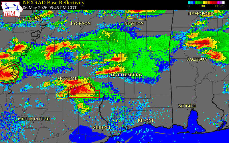 NEXRAD radar during the Wednesday, May 6, 2026 storm activity in Covington County, Mississippi