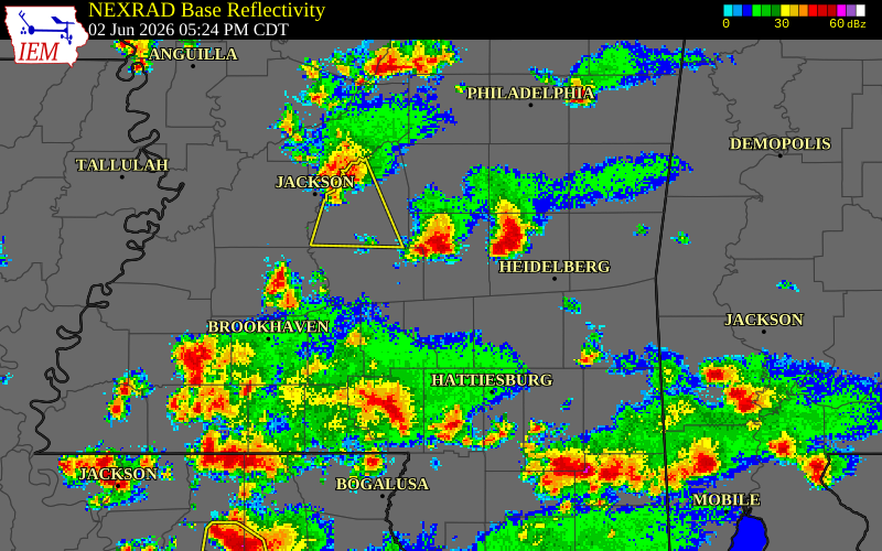 NEXRAD radar during the Tuesday, June 2, 2026 storm activity in Covington County, Mississippi