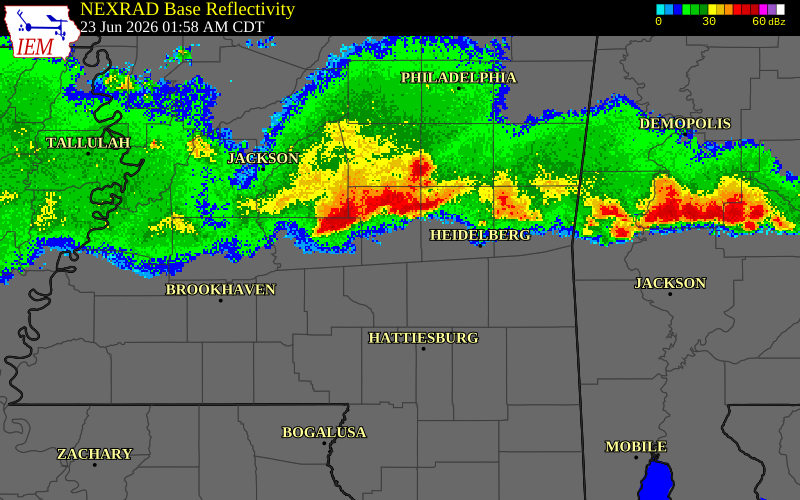 NEXRAD radar during the Tuesday, June 23, 2026 storm activity in Covington County, Mississippi