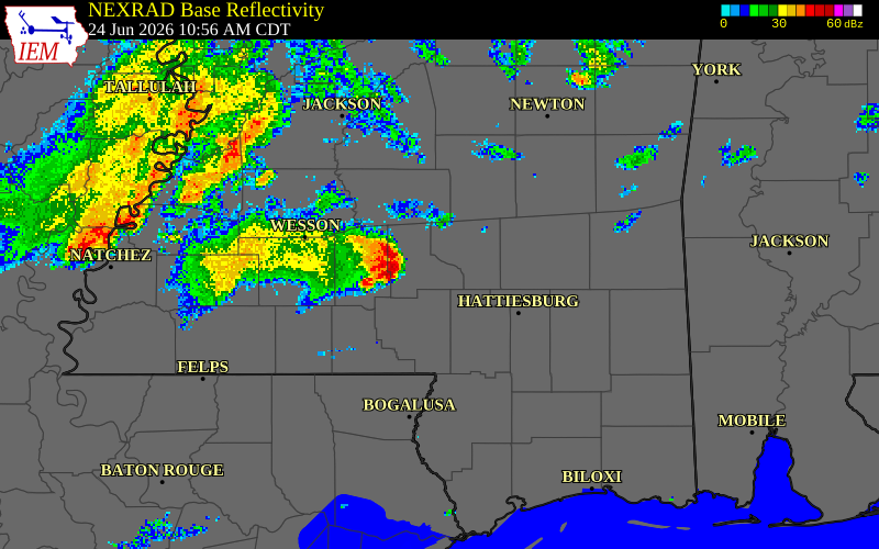 NEXRAD radar during the Wednesday, June 24, 2026 storm activity in Covington County, Mississippi