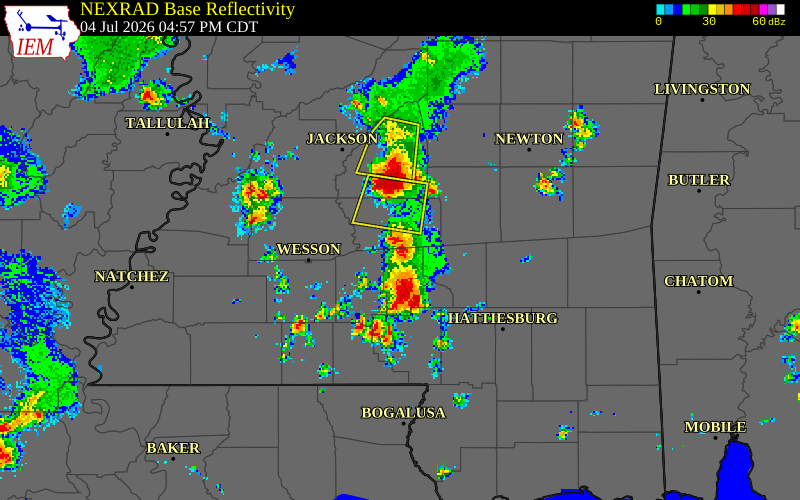 NEXRAD radar during the Saturday, July 4, 2026 storm activity in Covington County, Mississippi