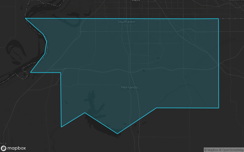 Map of DeSoto County, Mississippi showing the county boundary and surrounding cities