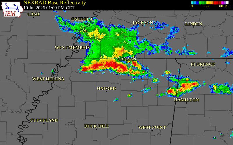 NEXRAD radar during the Friday, July 10, 2026 storm activity in DeSoto County, Mississippi